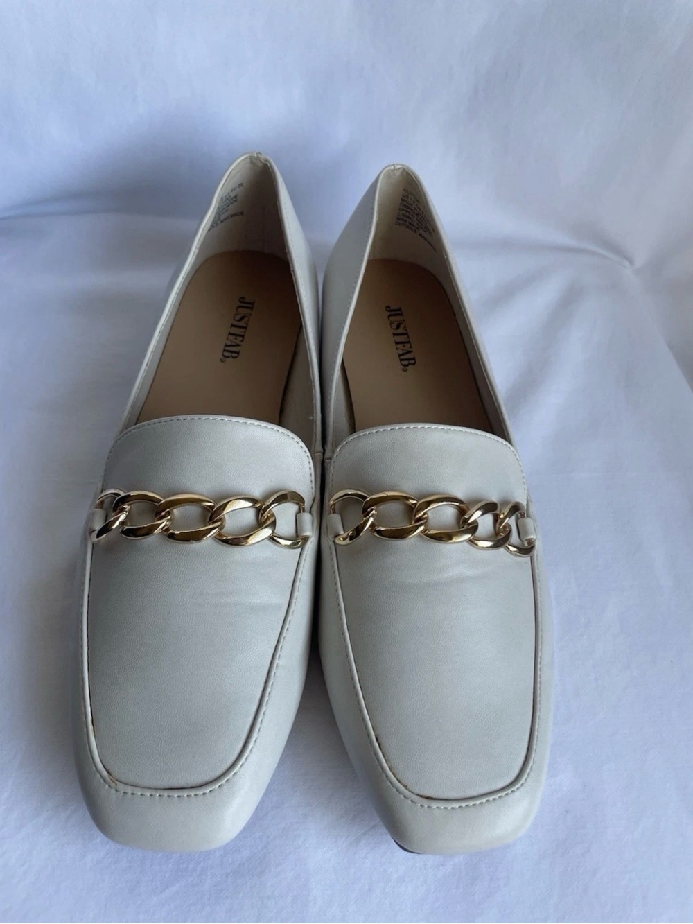 JustFab Women's Cream Loafers with Gold Chain Detail